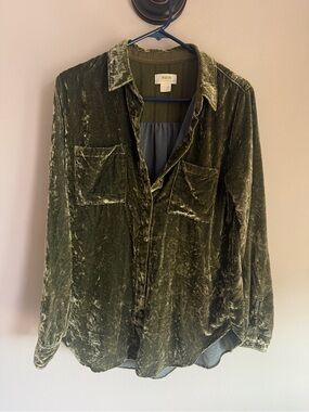 Maeve by Anthropologie Karina Velvet Button Down Shirt Olive Green Size 6